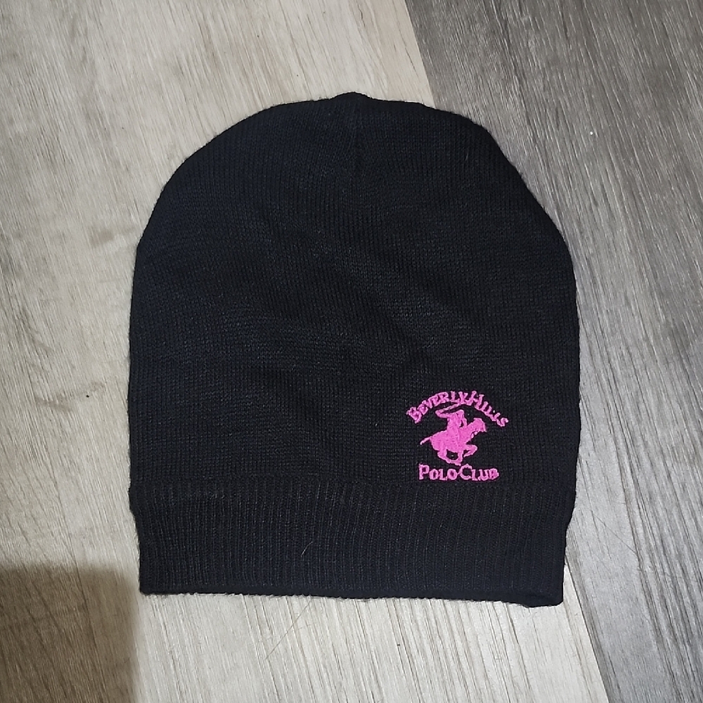 Beverly Hills Polo Club Black Knit Hat with Pink Logo